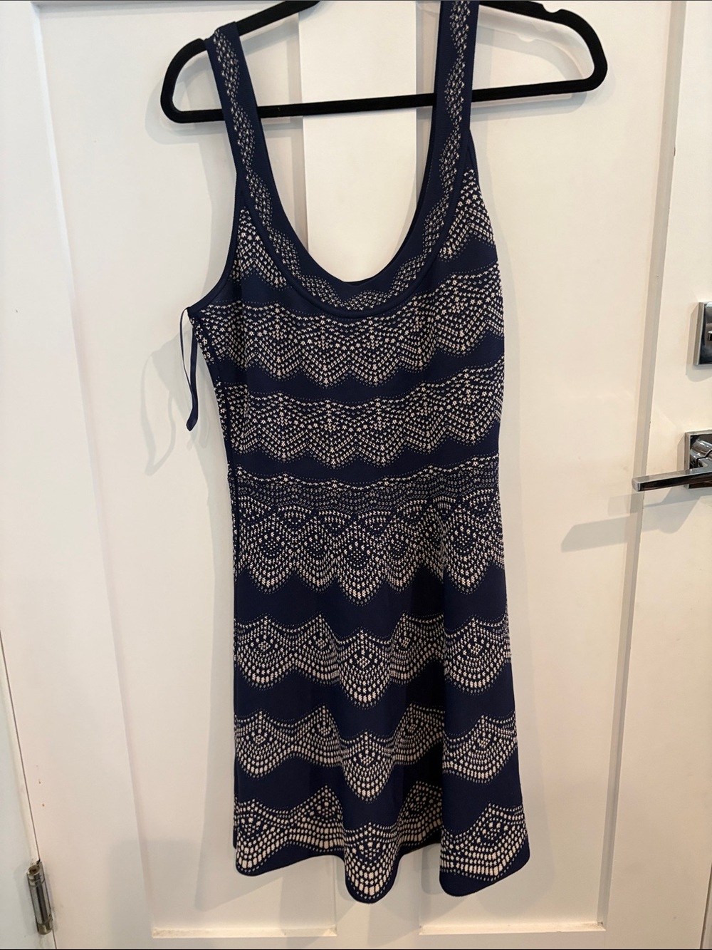 BCBGMaxAzria Navy and Cream Patterned Sleeveless A-Line Dress
